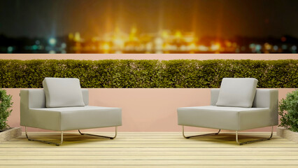 outdoor lounging balcony corridor park with sofa bench at night with river view , 3D illustration rendering
