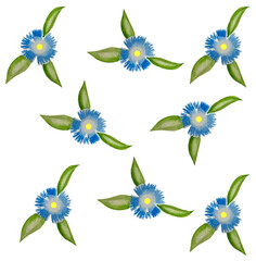 Pattern of spring flowers painted in watercolor, blue cornflower flowers.