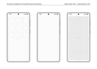 A4 printable template for UX wireframing of mobile apps. Black outline frames of generic smartphone. 20:9 aspect ratio. Paper mockup with 2 mm grid spacing. Vector layout for drawing of UI prototypes