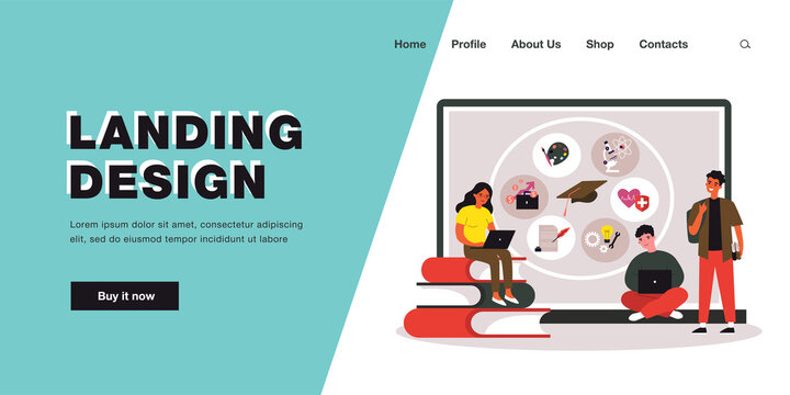 Tiny people studying online near huge laptop. Smiling students working learning on computer. Distant college or university course or lecture. Education and knowledge. Cartoon vector illustration.