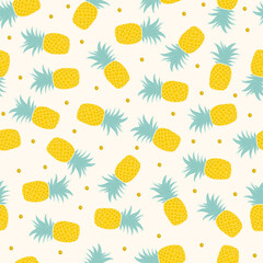 Seamless pattern fresh cute pineapple fruits with bright yellow summer colorful tropical on white background. Modern trendy design illustration for textile print, wallpaper, and card.