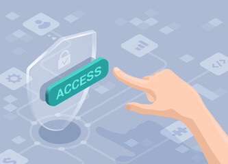 isometric vector illustration on a gray background, a shield with a green button and a lock icon with the inscription access, a hand pressing a button