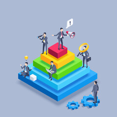 isometric vector illustration on a gray background, men in business suits on a pyrimide chart with a loudspeaker and a magnifying glass, work hierarchy or distribution of duties