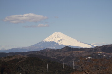 Isolated picture of the Mount Fuji in winter under a clear blue sky with snow-capped peak. Shot from Izu peninsula, Japan.