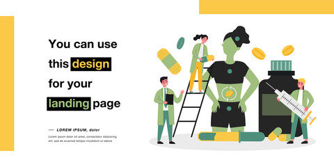 Medical care to sick woman from tiny doctors. People holding pills and syringe for treatment flat vector illustration. Medicine, healthcare concept for banner, website design or landing web page