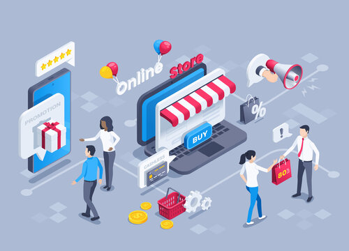 isometric vector illustration on a gray background, an online store on a laptop screen, a man offers goods at a discount and a woman is a gift for purchase, hand with loudspeaker announces a promotion