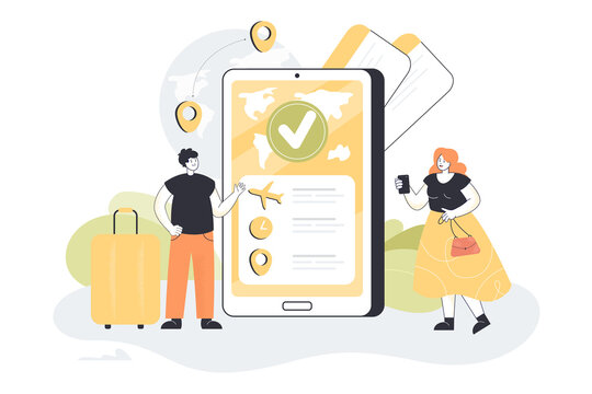 Mini Persons Booking Flight Tickets Online Via Huge Mobile Phone. Process Of Hotel Digital Reservation Flat Vector Illustration. Technology, Tourism, Vacation Concept For Banner Or Landing Web Page