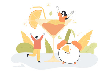 Tiny cartoon people with huge drink having fun during happy hour. Business promotion for restaurants, bars or pubs flat vector illustration. Alcohol, entertainment, party concept for banner