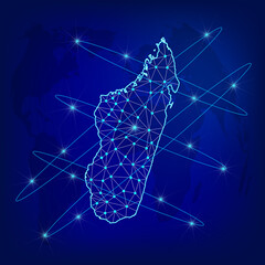 Global logistics network concept. Communications network map Madagascar on the world background. Map Republic of Madagascar with nodes in polygonal style. EPS10.