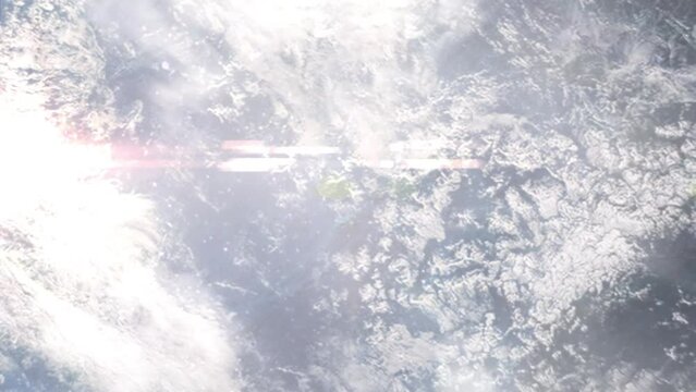 Earth zoom in from outer space to city. Zooming on Fiji, Suva. The animation continues by zoom out through clouds and atmosphere into space. View of the Earth at night. Images from NASA