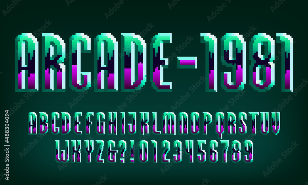 Poster arcade-1981 alphabet font. pixel digital gradient letters and numbers. 80s arcade video game typefac