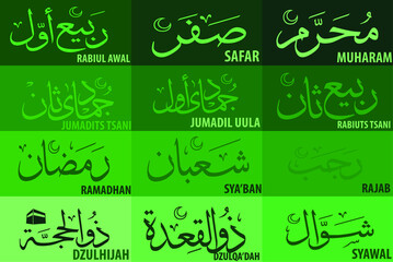 Names of months in Islam for learning. 
It's Muharram, Safar, Rabiul Awal, Rabiuts Tsani, Jumadil Ula, Jumadits Tsani, Rajab, Sha'ban, Ramadan, Shawwal, and Dzulqo'dah, Dzulhijah.