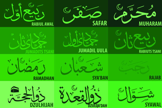 Names of months in Islam for learning. 
It's Muharram, Safar, Rabiul Awal, Rabiuts Tsani, Jumadil Ula, Jumadits Tsani, Rajab, Sha'ban, Ramadan, Shawwal, and Dzulqo'dah, Dzulhijah.