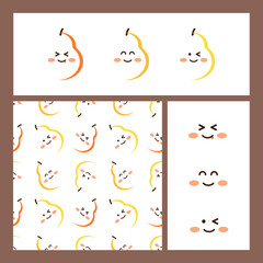 Set with vector cute emoji pears in kawaii style and seamless pattern