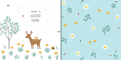 Set of cartoon cute flying bees and deer animals happy on flowers garden with seamless pattern