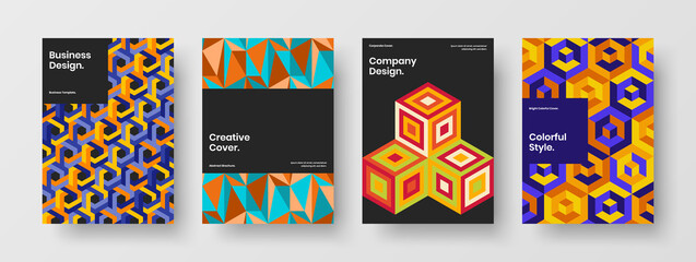 Unique banner vector design template bundle. Multicolored mosaic hexagons company brochure concept set.