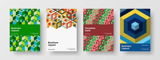 Amazing mosaic shapes placard template bundle. Vivid company brochure A4 vector design illustration set.