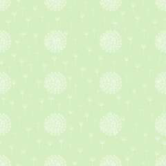 neutral green repetitive background with white puffs and dandelions. seeds and flowers. floral seamless pattern. vector illustration. fabric swatch. wrapping paper. design template for textile