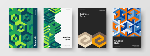 Fototapeta premium Unique handbill design vector illustration set. Original geometric hexagons book cover layout collection.