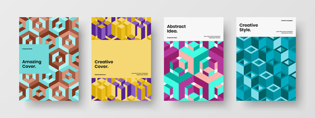 Fototapeta premium Fresh banner A4 design vector illustration set. Bright geometric shapes front page layout bundle.