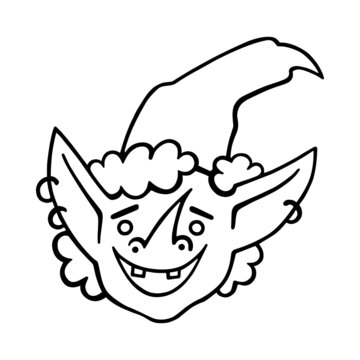 A cute laughing witch in a hat with strange and long pierced ears. The face of a witch. Cartoon Halloween character. Hand-drawn vector illustration in doodle style. For children's parties, cards.