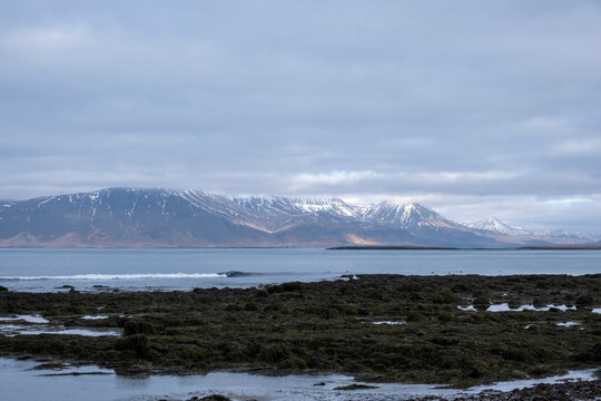 Blick von der Halbinsel Seltjarnarnes auf den Berg Esja. / View of Mount Esjan from the Seltjarnarnes peninsula.