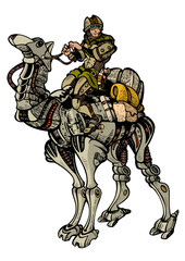 Future Man riding camel robot	