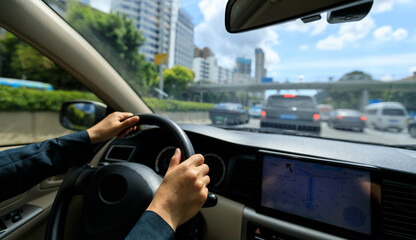 People driving car on city road