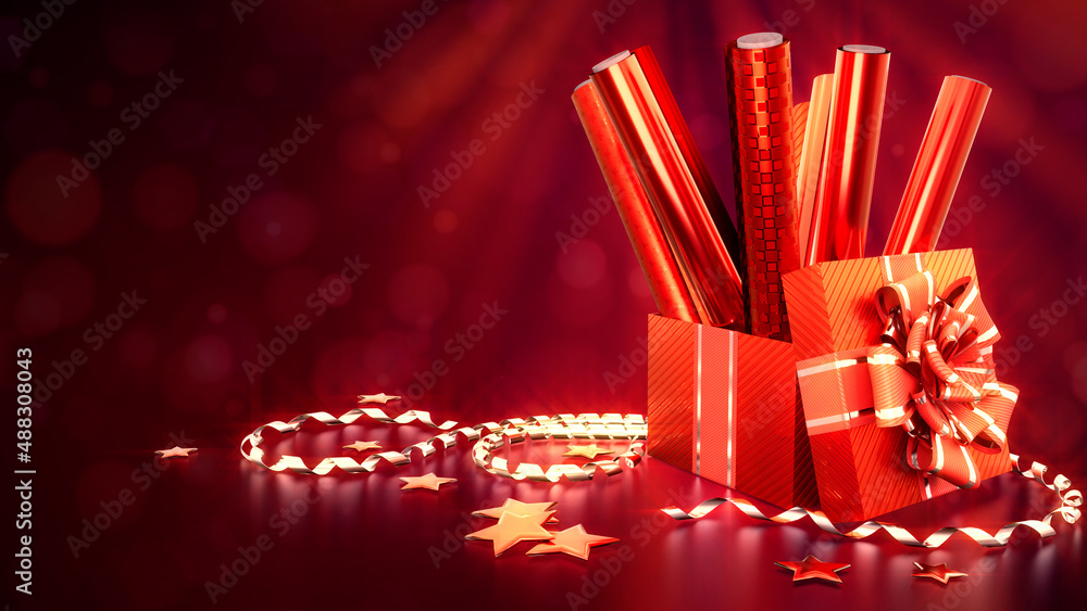 Aufkleber red wrapping paper and gift box on festive backdrop - abstract 3d rendering