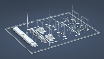 Scheme of an electrical substation. Isometric plan. View from above. Infographic design template. 3d render