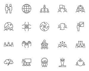 set of business people line icons, teamwork, group, meeting, member