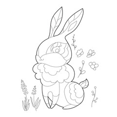 Traditional rabbit for season design. Cute Easter decor. Spring festive elements. Black and white.  Hand drawn illustration in zentangle style for children and adults, tattoo.