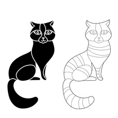 Cute funny animal cat. Cute pet kitten. Black and white.  Hand drawn illustration in zentangle style for children and adults, tattoo.