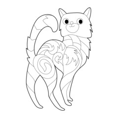 Cute funny animal cat. Cute pet kitten. Black and white.  Hand drawn illustration in zentangle style for children and adults, tattoo.