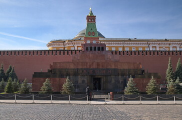Moscow, Russia - September 29, 2021: Lenin's Mausoleum on Red Square on an autumn sunny day