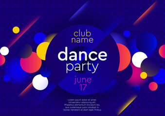 Horizontal bright blue dance party background with color graphic elements and text. Vector illustration.