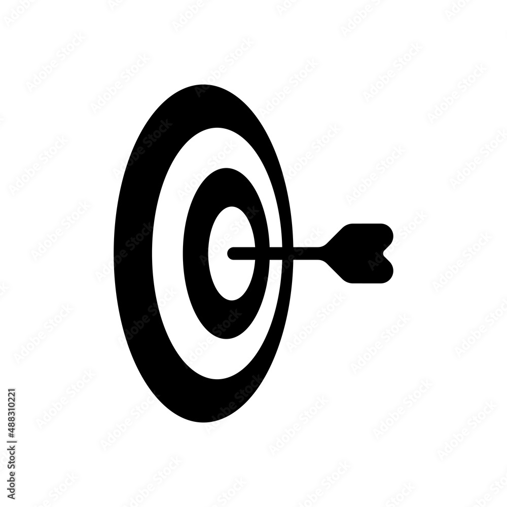 Poster target with arrow, focus on the objective, dart game, simple icon. black icon on white background