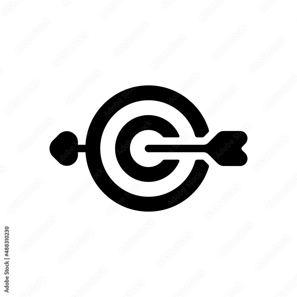 Poster target with arrow, focus on the objective, dart game, simple icon. black icon on white background