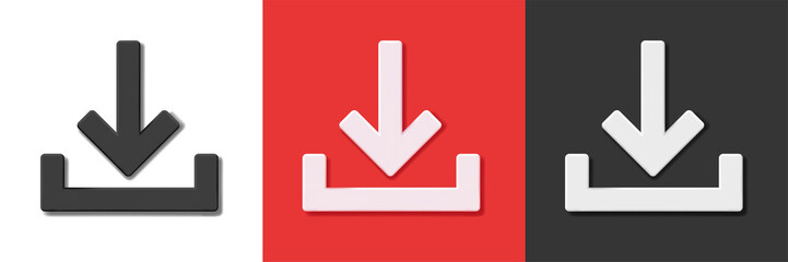 Set of download icon buttons in tree different colors down pointing arrow, 3d volume element