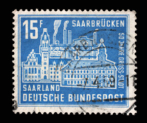 Stamp from Germany area Saar shows shows Old and New City Hall and Burbach Mill, circa 1959