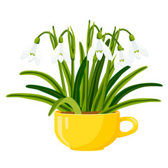 Snowdrops in a yellow cup. Vector illustration