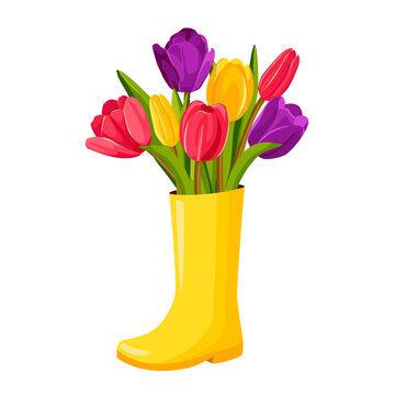 recommend clip art: Colorful bright tulips in yellow rubber boots. Vector illustration