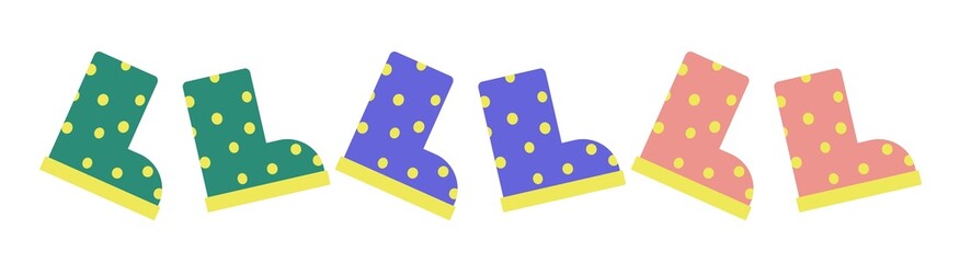 Rubber boots with polka dots. Vector pattern flat illustration. Spring, autumn, summer children waterproof shoes for walking in the rain and puddles. Shoes for boys and girls.