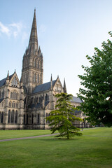 Fototapeta na wymiar The spire of Salisbury Cathedral, Wiltshire, against a clear blue sky at golden hour. July 2021