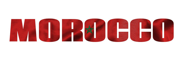 Inscription Morocco in the colors of the waving flag of Morocco. Country name on isolated background. image - 3D illustration.
