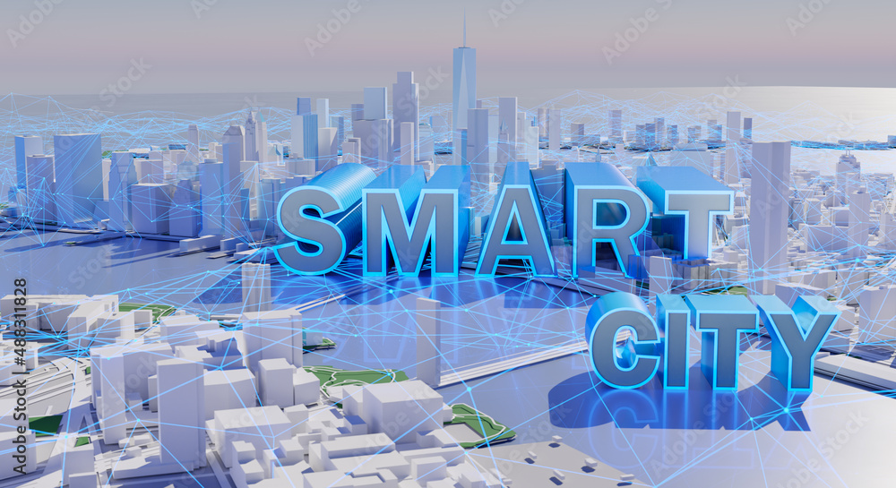 Poster technology wireless network communication smart city with architecture banner technology. 3d renderi