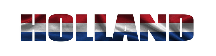 Inscription Holland in the colors of the waving flag of Netherlands. Country name on isolated background. image - 3D illustration.