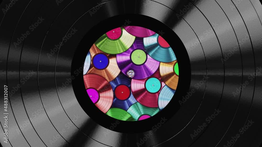Aufkleber realistic seamless looping 3d animation of the colorful records label spinning vinyl record rendered