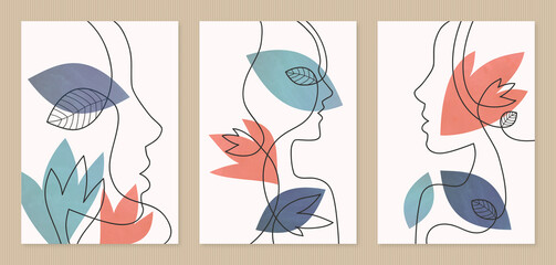 One line art woman profile face drawing floral illustration set