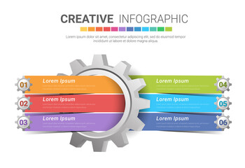 Obraz premium Infographic, Engineering tech progress business presentation 6 steps. Cogwheel connection banner, gear infographic illustration.